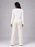 Women's Cable Knit Button Shoulder Jumper | Crew Neck Sweater
