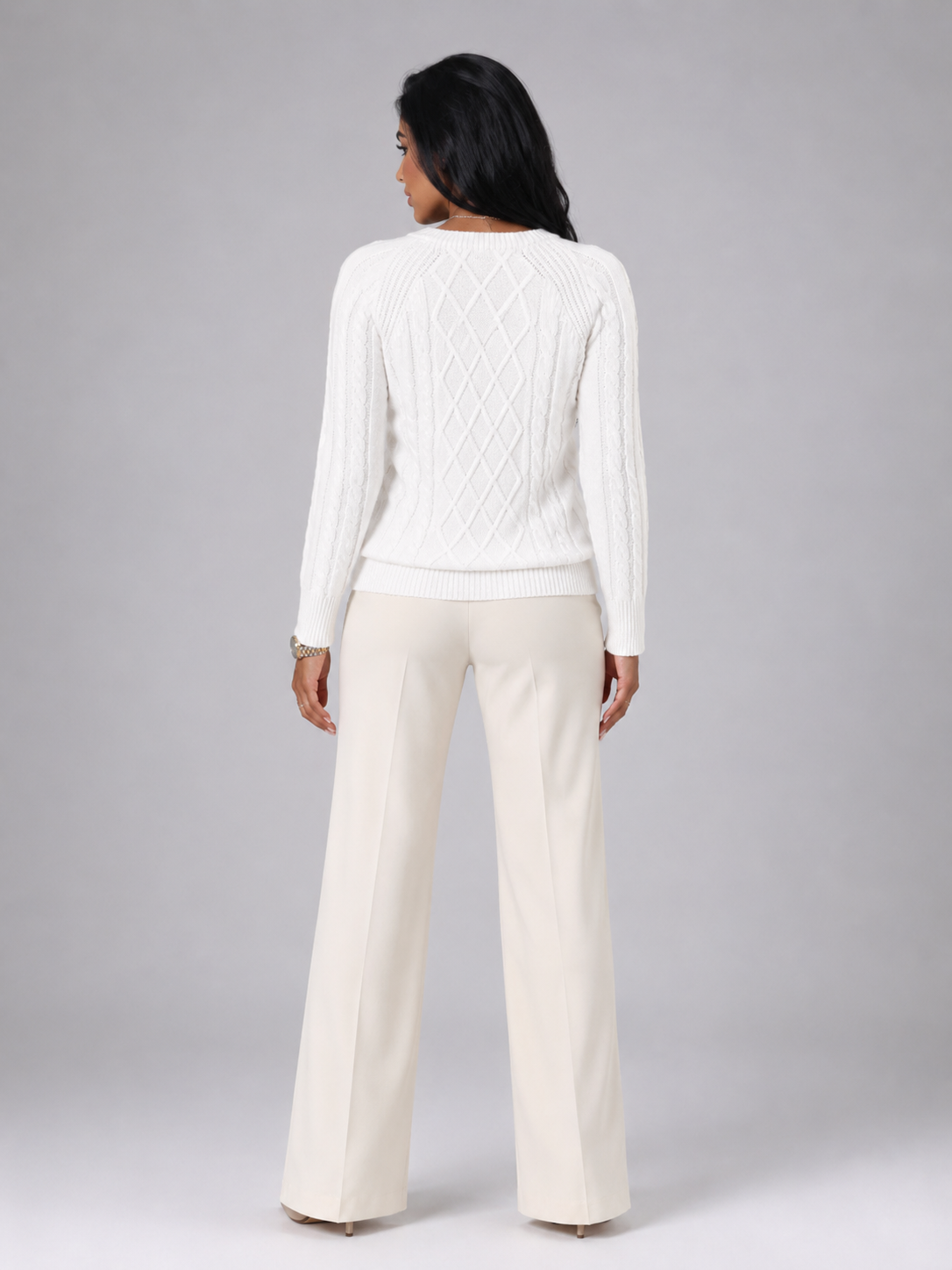 Women's Cable Knit Button Shoulder Jumper | Crew Neck Sweater