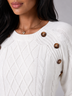 Women's Cable Knit Button Shoulder Jumper | Crew Neck Sweater