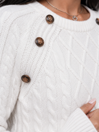 Women's Cable Knit Button Shoulder Jumper | Crew Neck Sweater