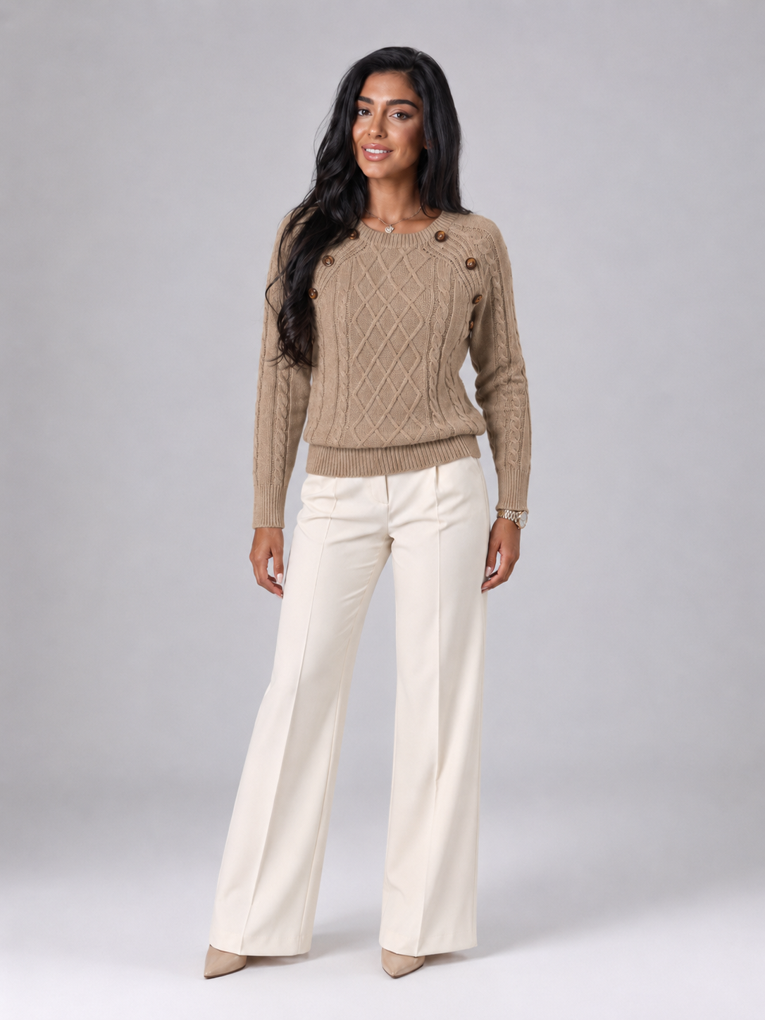 Women's Cable Knit Button Shoulder Jumper | Crew Neck Sweater