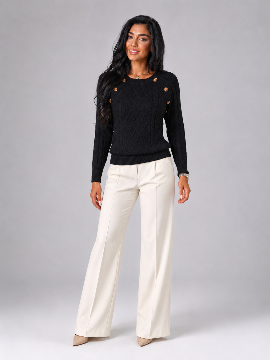 Women's Cable Knit Button Shoulder Jumper | Crew Neck Sweater