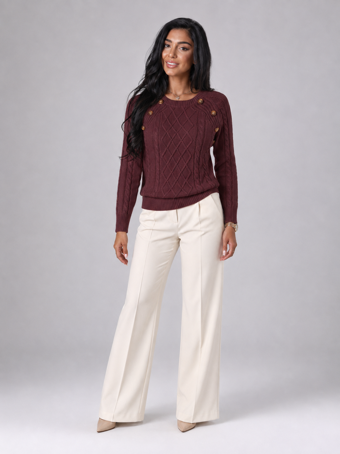 Women's Cable Knit Button Shoulder Jumper | Crew Neck Sweater