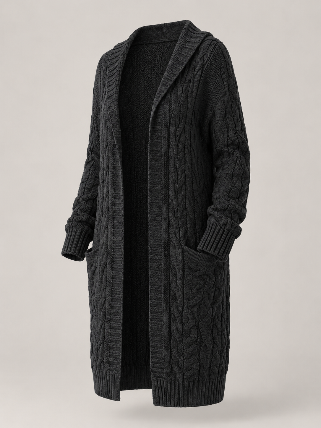 Women's Longline Hooded Cable Knit Cardigan | Pocket Detail