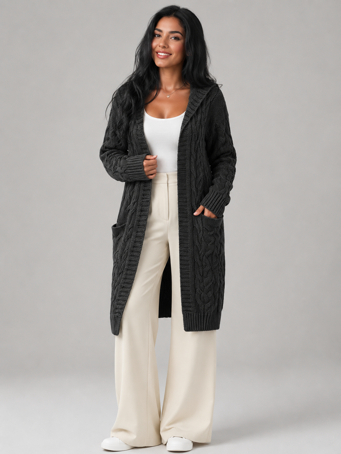 Women's Longline Hooded Cable Knit Cardigan | Pocket Detail