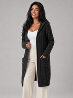 Women's Longline Hooded Cable Knit Cardigan | Pocket Detail