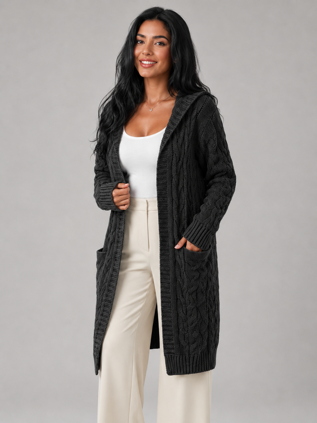 Women's Longline Hooded Cable Knit Cardigan | Pocket Detail