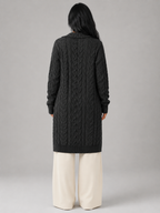 Women's Longline Hooded Cable Knit Cardigan | Pocket Detail