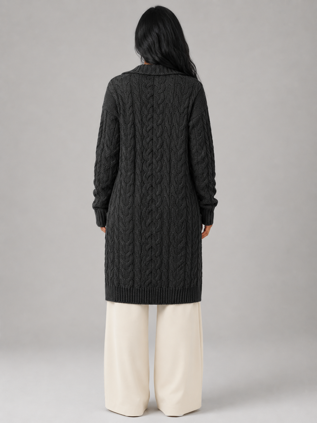 Women's Longline Hooded Cable Knit Cardigan | Pocket Detail