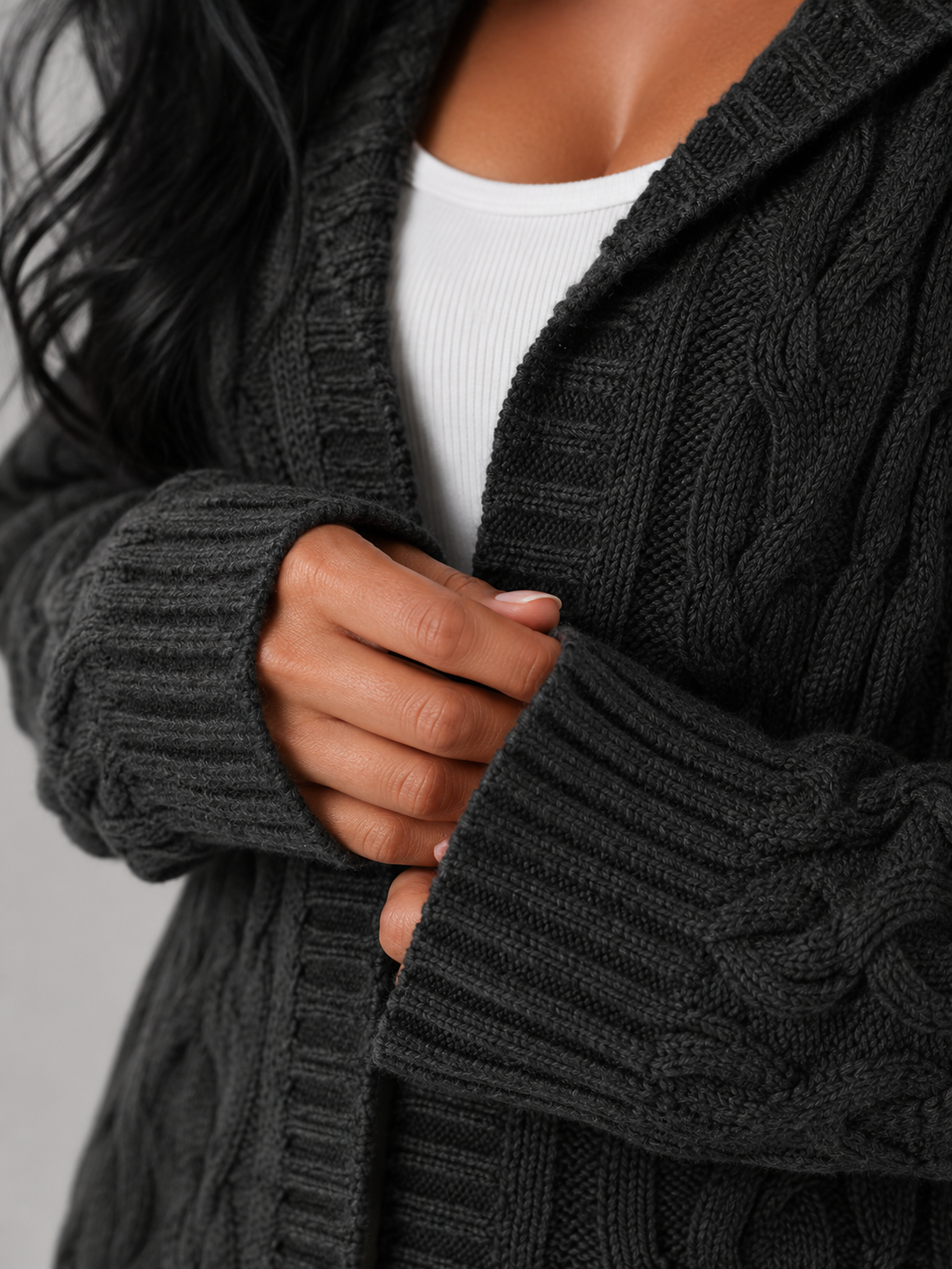 Women's Longline Hooded Cable Knit Cardigan | Pocket Detail