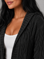 Women's Longline Hooded Cable Knit Cardigan | Pocket Detail
