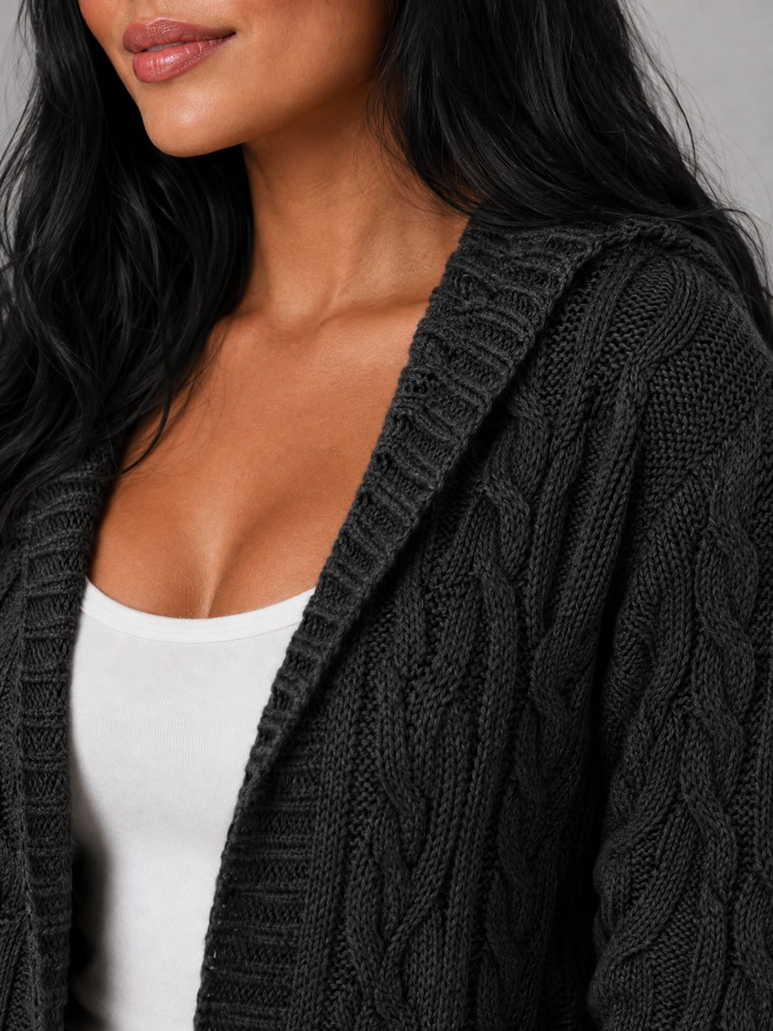 Women's Longline Hooded Cable Knit Cardigan | Pocket Detail