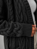 Women's Longline Hooded Cable Knit Cardigan | Pocket Detail