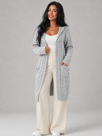 Women's Longline Hooded Cable Knit Cardigan | Pocket Detail