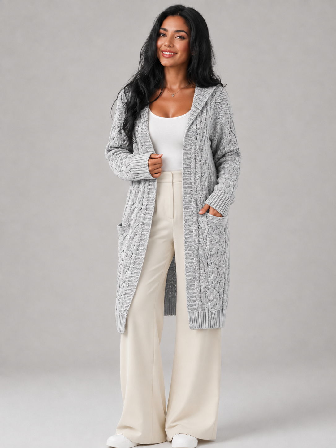 Women's Longline Hooded Cable Knit Cardigan | Pocket Detail