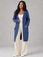 Women's Longline Hooded Cable Knit Cardigan | Pocket Detail