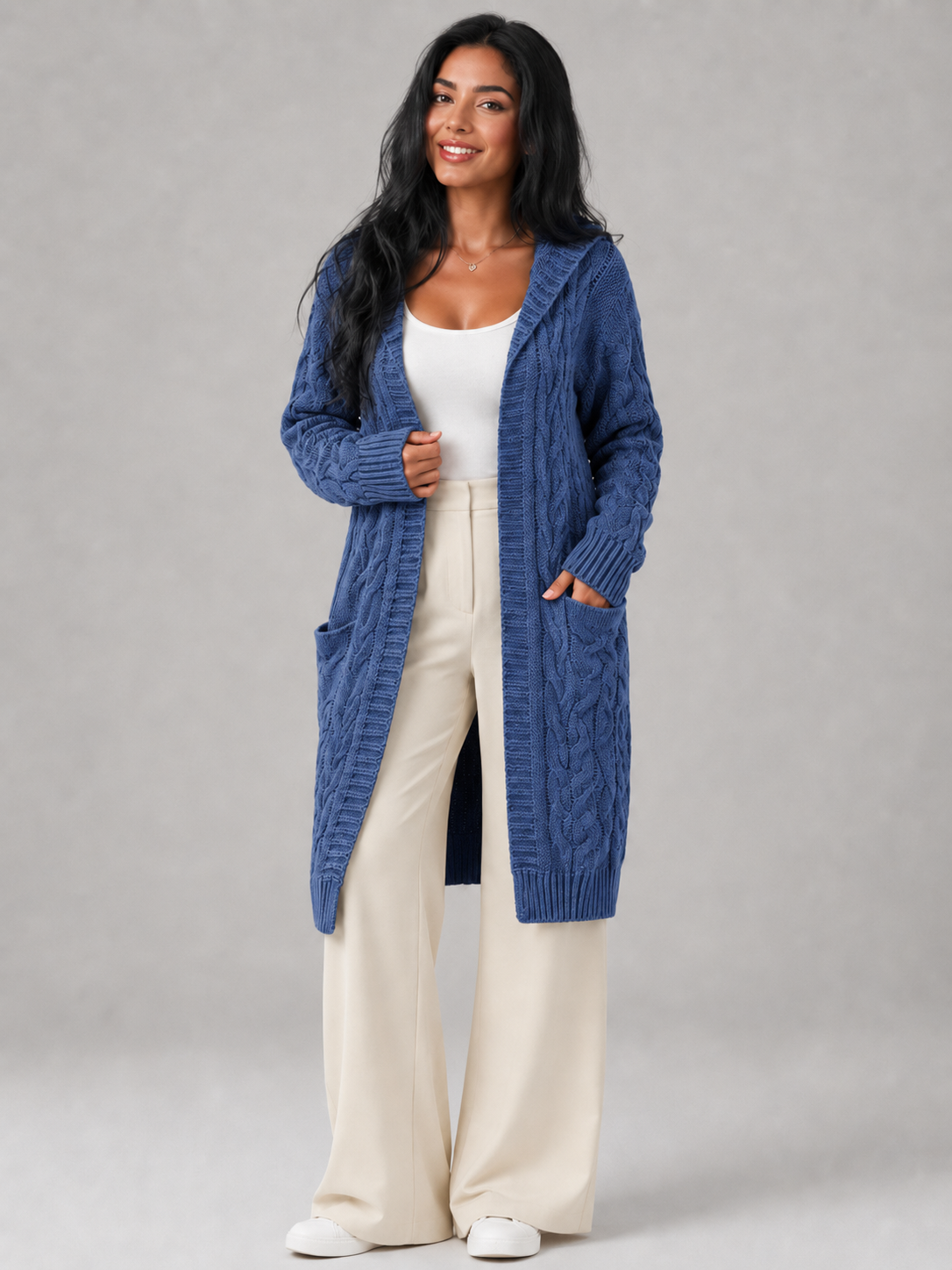 Women's Longline Hooded Cable Knit Cardigan | Pocket Detail