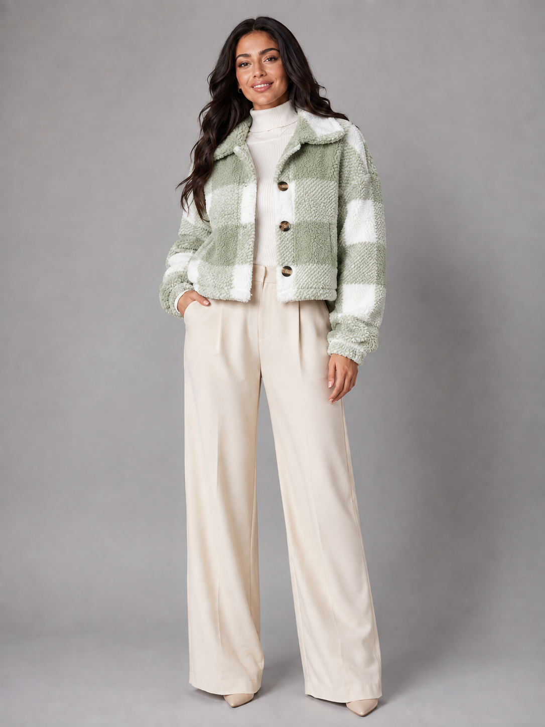 Women's Buffalo Check Sherpa Jacket | Plush Button Shacket