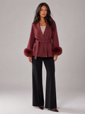 Belted Coat with Faux Fur Cuffs for Women