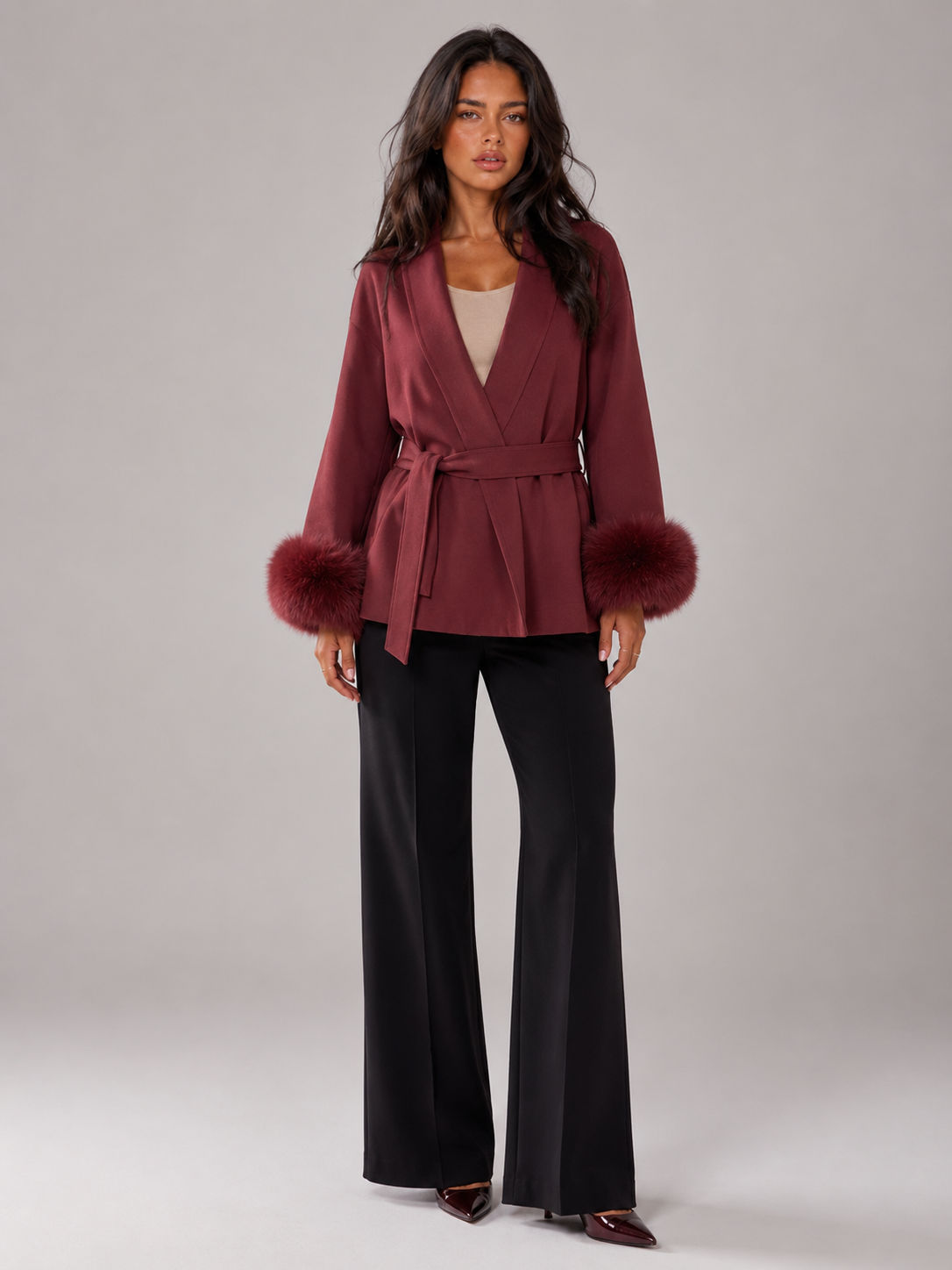 Belted Coat with Faux Fur Cuffs for Women