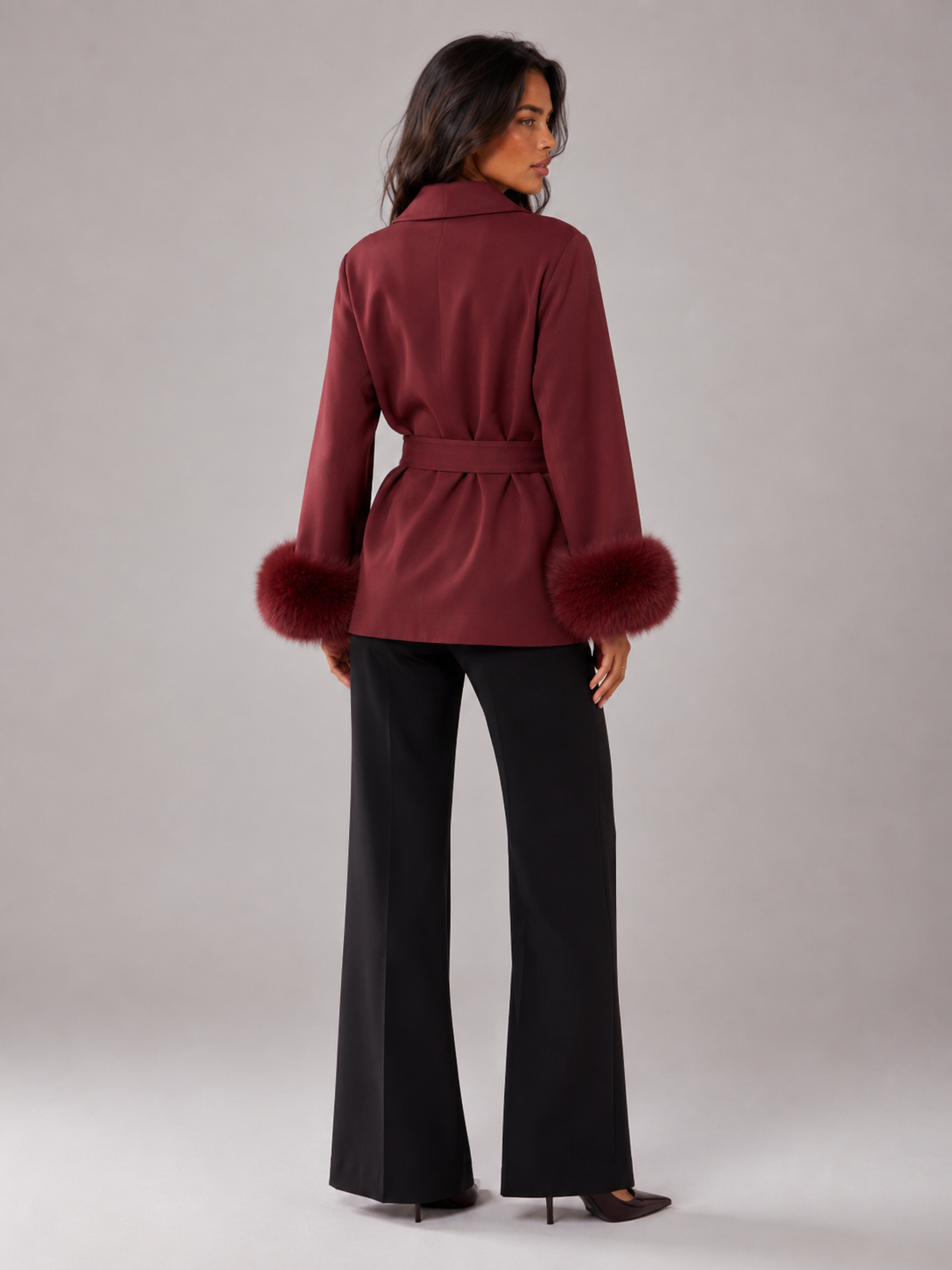 Belted Coat with Faux Fur Cuffs for Women
