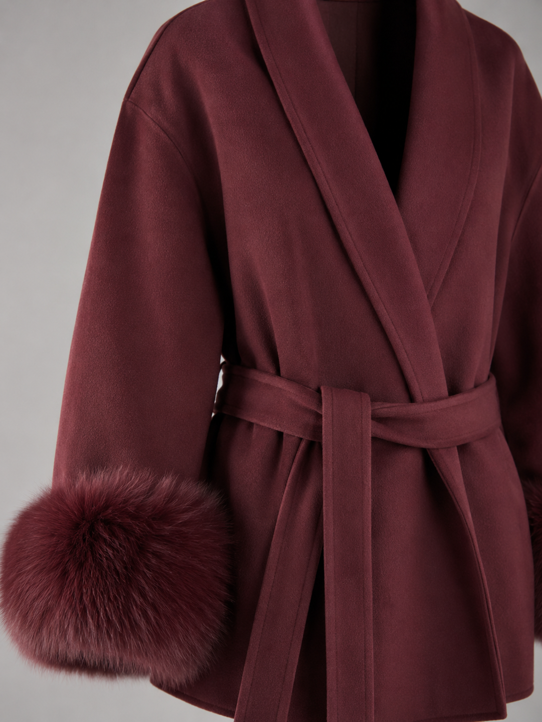 Belted Coat with Faux Fur Cuffs for Women