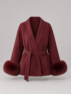 Belted Coat with Faux Fur Cuffs for Women