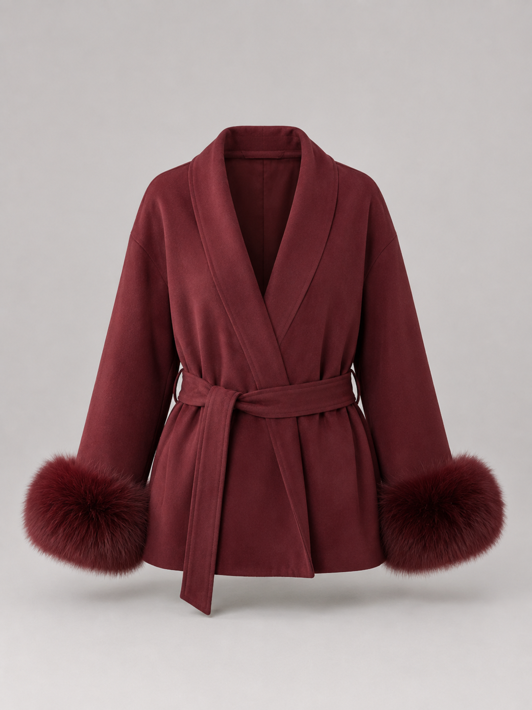 Belted Coat with Faux Fur Cuffs for Women