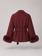 Belted Coat with Faux Fur Cuffs for Women