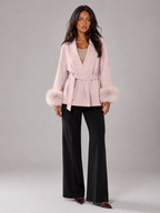 Belted Coat with Faux Fur Cuffs for Women