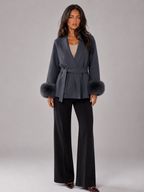Belted Coat with Faux Fur Cuffs for Women