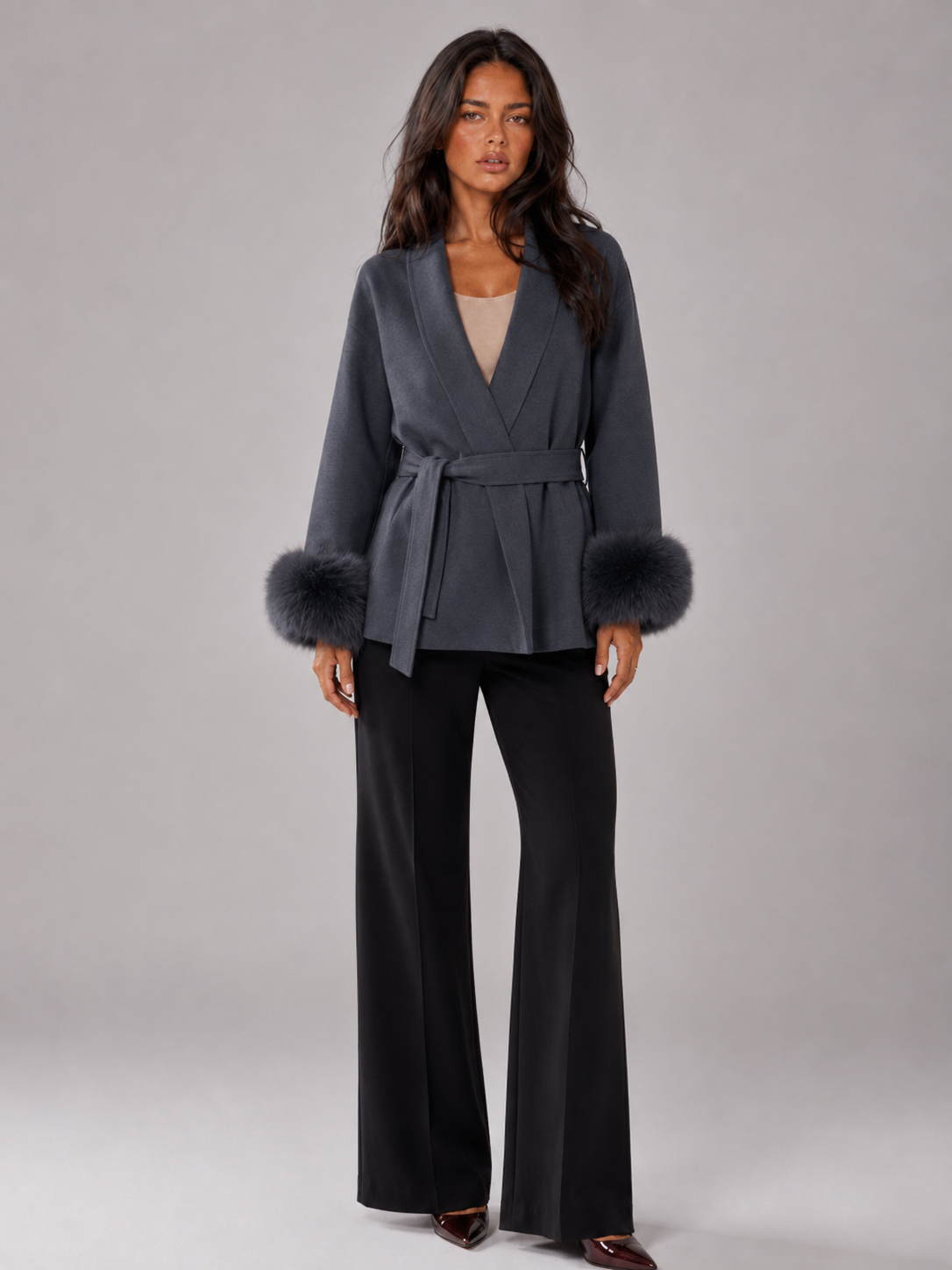 Belted Coat with Faux Fur Cuffs for Women