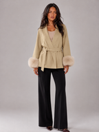 Belted Coat with Faux Fur Cuffs for Women