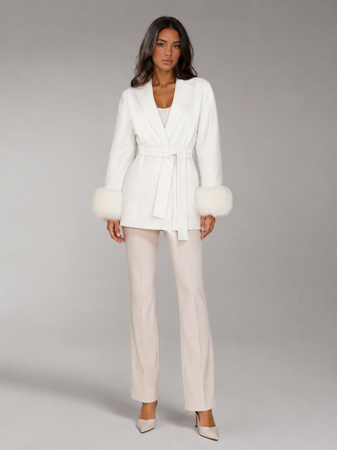 Belted Coat with Faux Fur Cuffs for Women