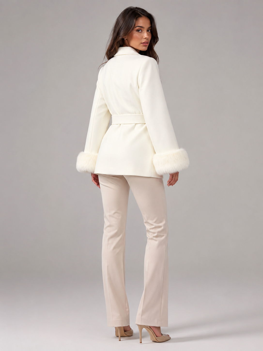 Belted Coat with Faux Fur Cuffs for Women