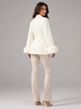 Belted Coat with Faux Fur Cuffs for Women