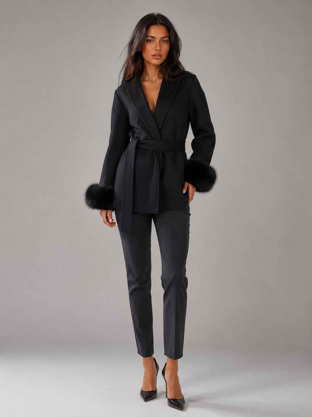 Belted Coat with Faux Fur Cuffs for Women