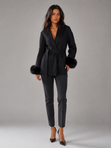 Belted Coat with Faux Fur Cuffs for Women