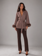 Belted Coat with Faux Fur Cuffs for Women
