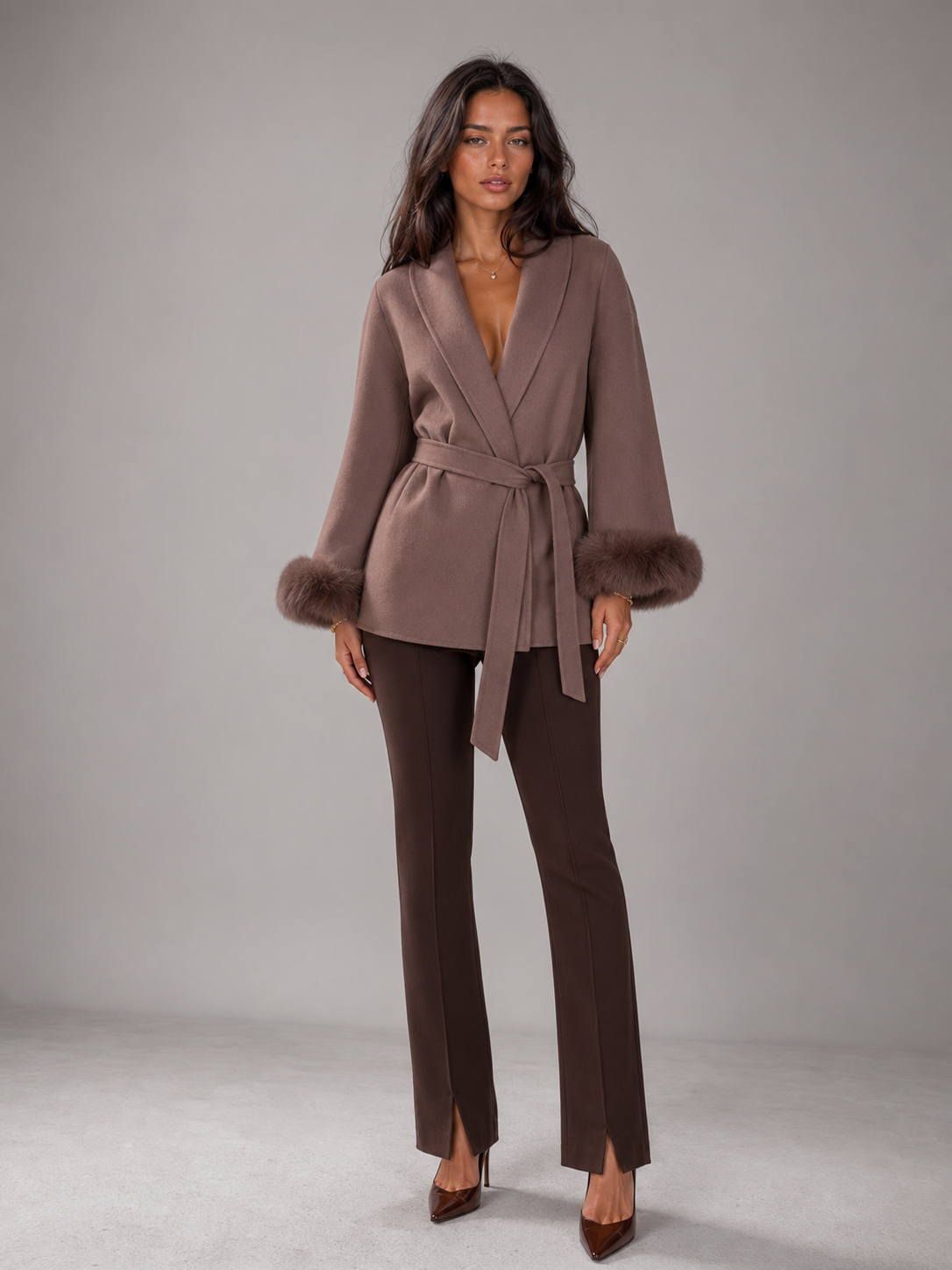 Belted Coat with Faux Fur Cuffs for Women