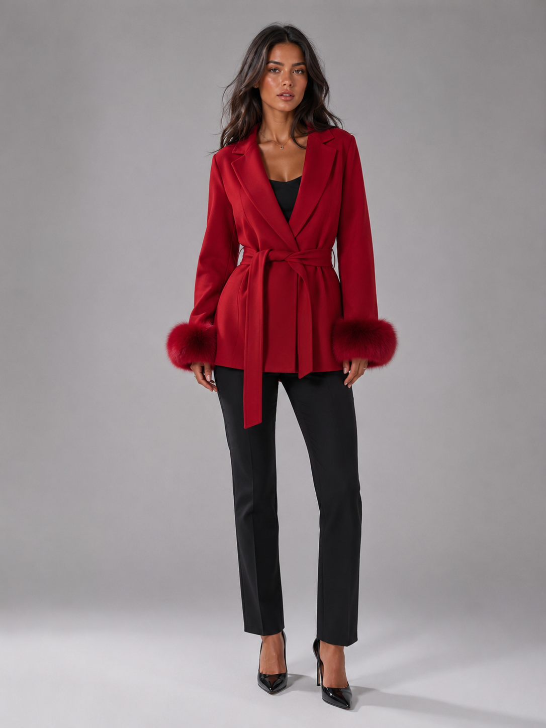 Belted Coat with Faux Fur Cuffs for Women