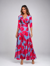Floral Satin Maxi Dress V Neck Wedding Guest