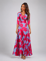 Floral Satin Maxi Dress V Neck Wedding Guest