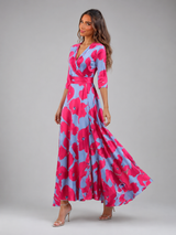 Floral Satin Maxi Dress V Neck Wedding Guest