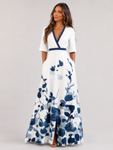 Floral Satin Maxi Dress V Neck Wedding Guest