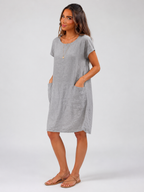 Linen Short Sleeve Pocket Midi Dress Summer Women
