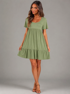 Women's sage green babydoll tiered mini dress with short sleeves