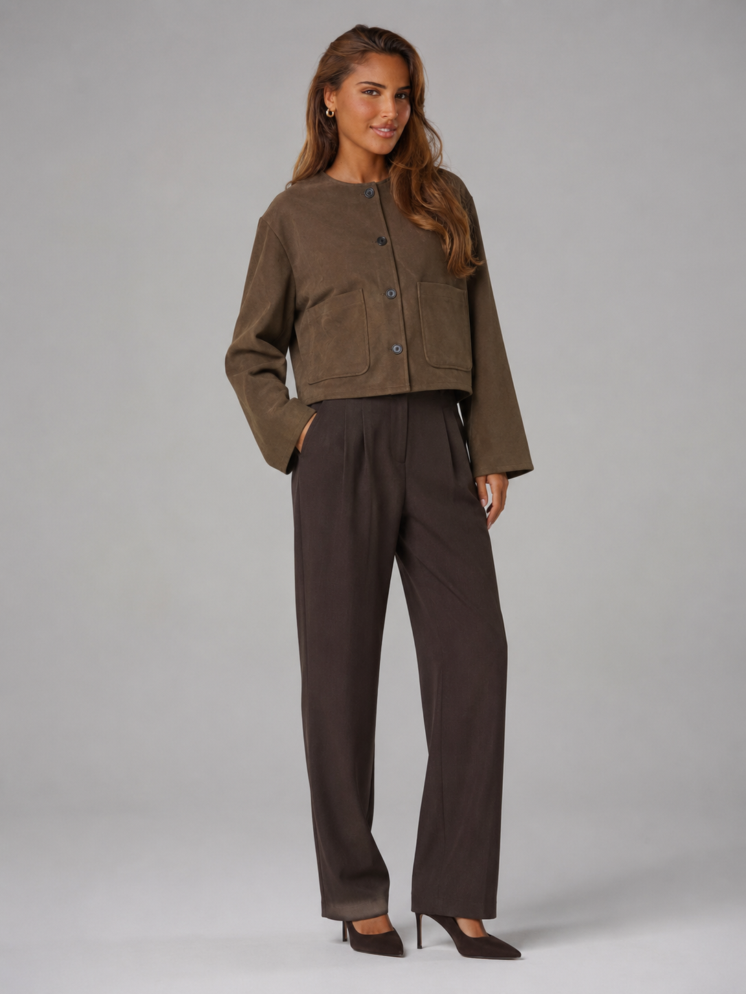 Women's Suede-Look Cropped Jacket With Patch Pockets
