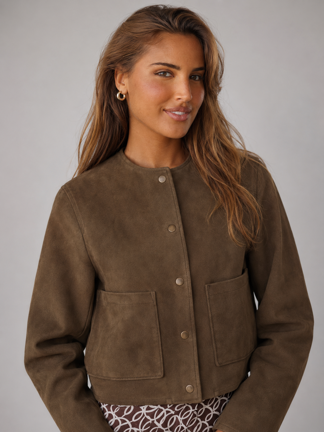 Women's Suede-Look Cropped Jacket With Patch Pockets