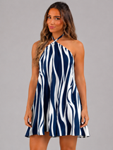 Abstract stripe A-line halter mini dress